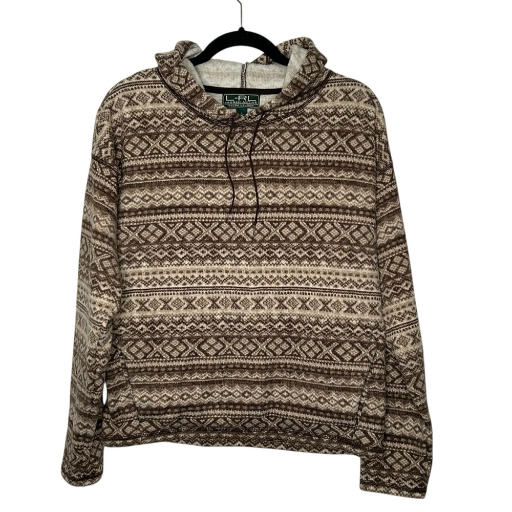 Ralph Lauren L-RL Active Brown/Tan Pullover Machine Knit Fair Isle Hoodie Sz L